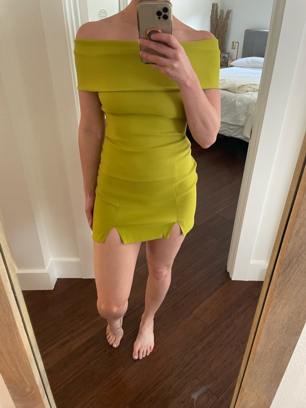 Zara Off-Shoulder Two piece set - Chartreuse Yellow-Green- includes skirt & top